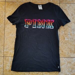Victoria's Secret PINK Black T-Shirt with Colorful Sequin Logo